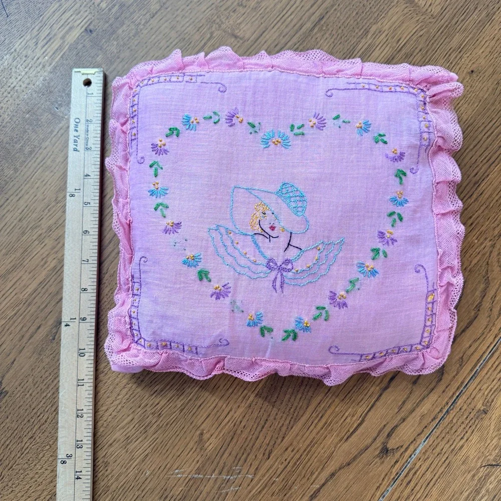 Vintage Hand Embroidered Southern Belle Decorative Pillow Floral Lace Pink